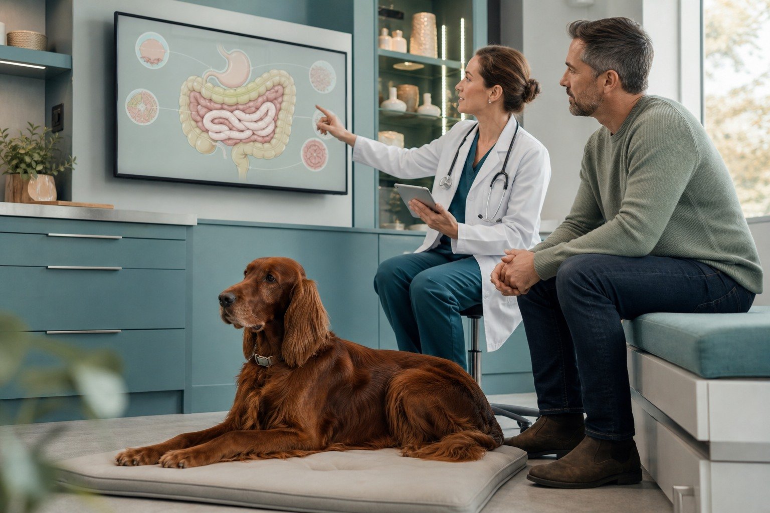 A veterinary internal-medicine specialist and owner review a gastrointestinal pathway while an Irish Setter rests nearby.