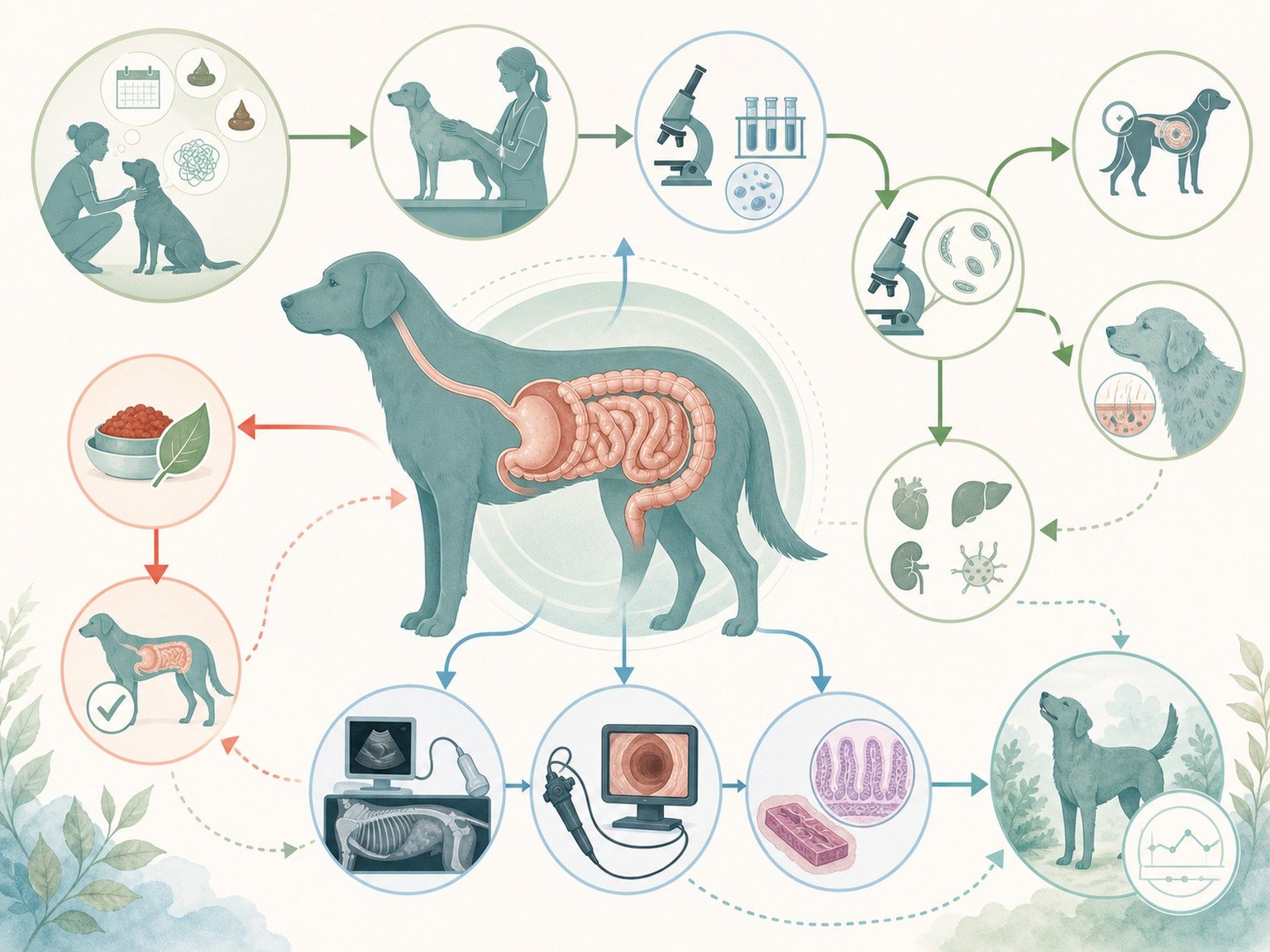 A text-free branching chronic-enteropathy pathway includes history, examination, testing, nutrition response, imaging, biopsy, and monitoring.