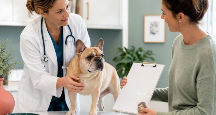 A veterinarian observes a comfortable French Bulldog while the owner shares an elimination log and sealed sample.