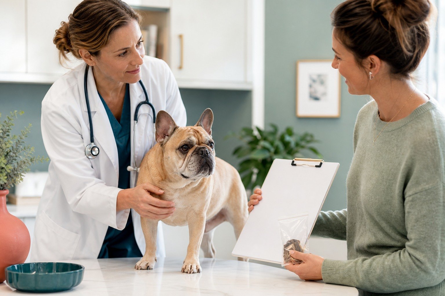 A veterinarian observes a comfortable French Bulldog while the owner shares an elimination log and sealed sample.