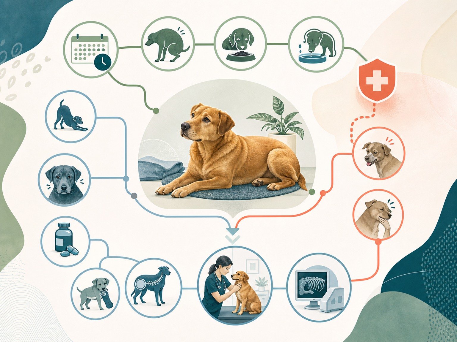 A text-free constipation triage map shows effort, posture, appetite, water, pain, vomiting, products, obstruction risk, exam, and imaging.