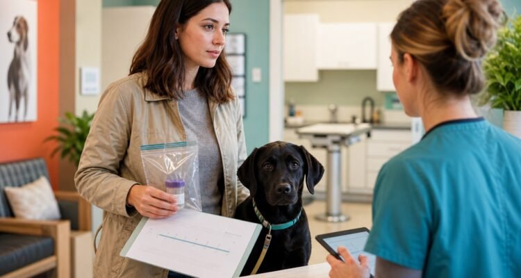A calm owner brings a young Labrador, sealed sample, and symptom timeline to a veterinary triage nurse.