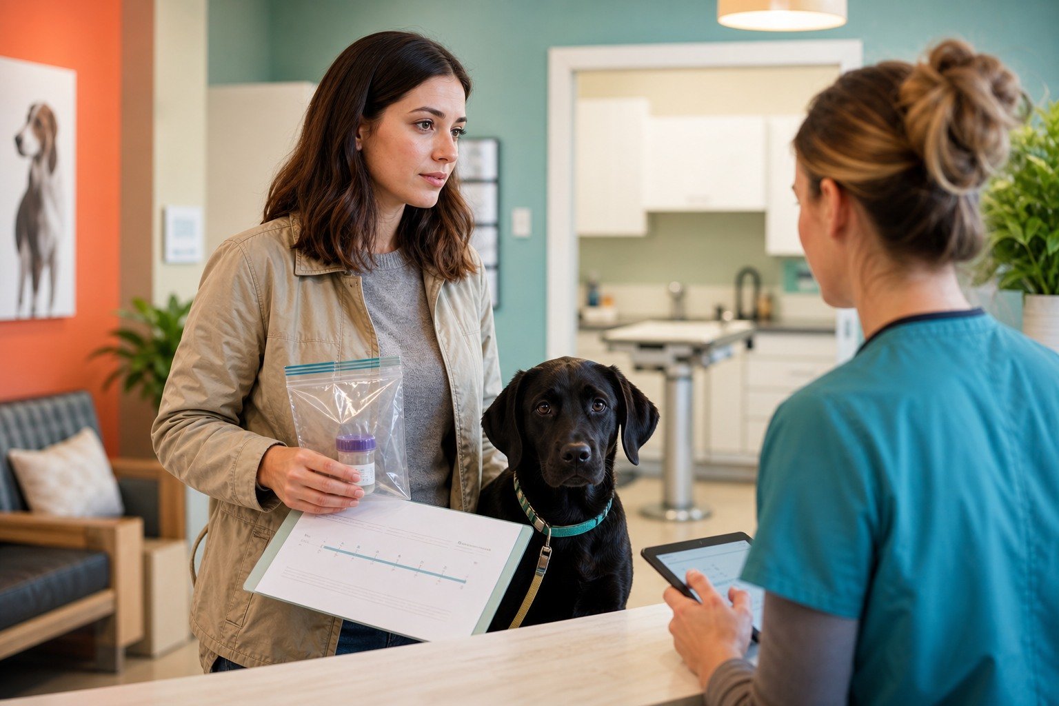 A calm owner brings a young Labrador, sealed sample, and symptom timeline to a veterinary triage nurse.