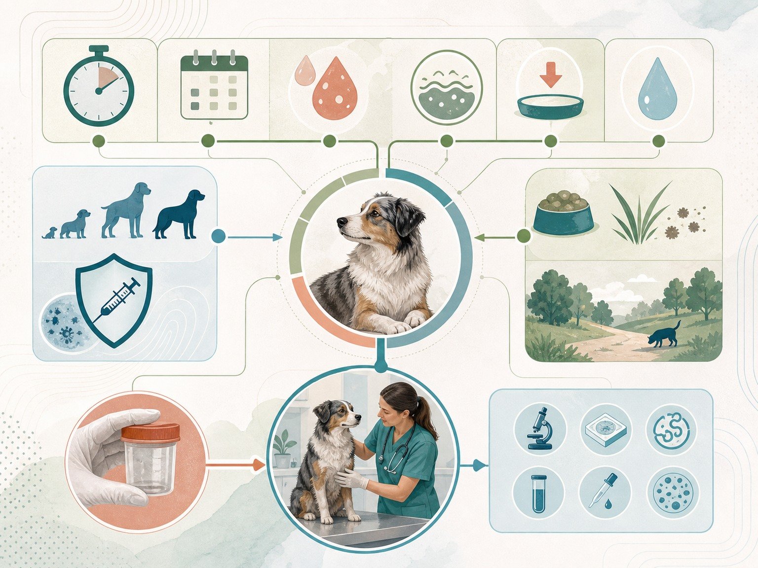 A text-free diarrhea triage map shows timing, frequency, blood, vomiting, hydration, age, vaccines, diet, exposures, sample, and tests.