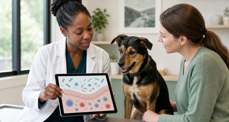 A veterinarian explains an abstract canine gut-barrier and immune-system diagram to a dog owner beside a calm mixed-breed dog.