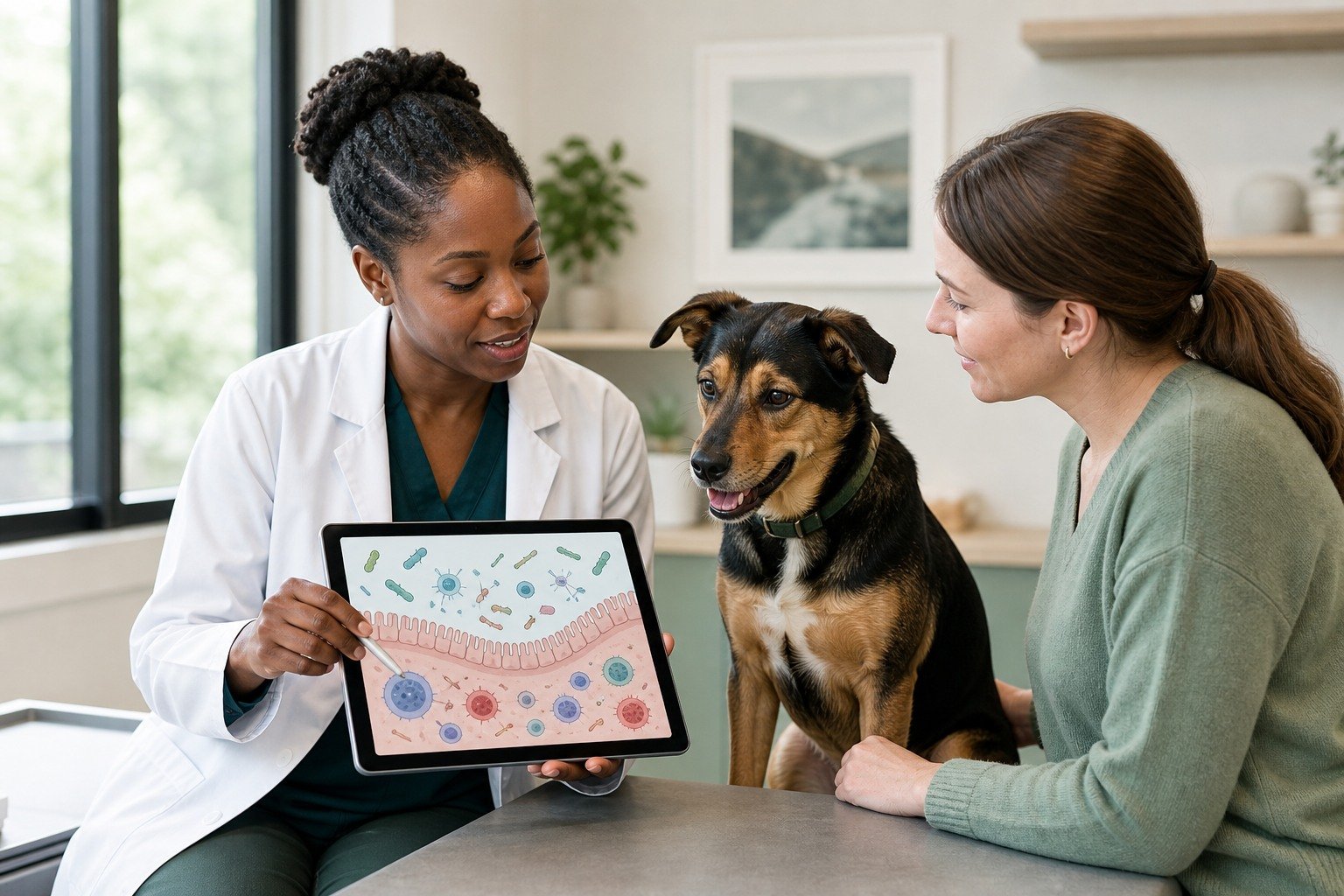 A veterinarian explains an abstract canine gut-barrier and immune-system diagram to a dog owner beside a calm mixed-breed dog.
