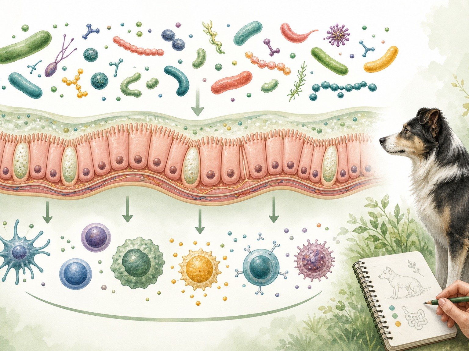 A text-free illustration connects canine gut microbes, the intestinal lining, balanced immune cells, and owner observation.