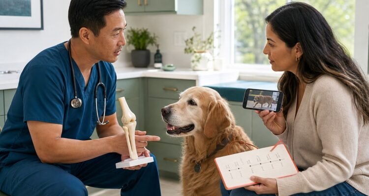 A veterinarian and owner discuss a senior dog's gait video, movement timeline, and a neutral knee model.