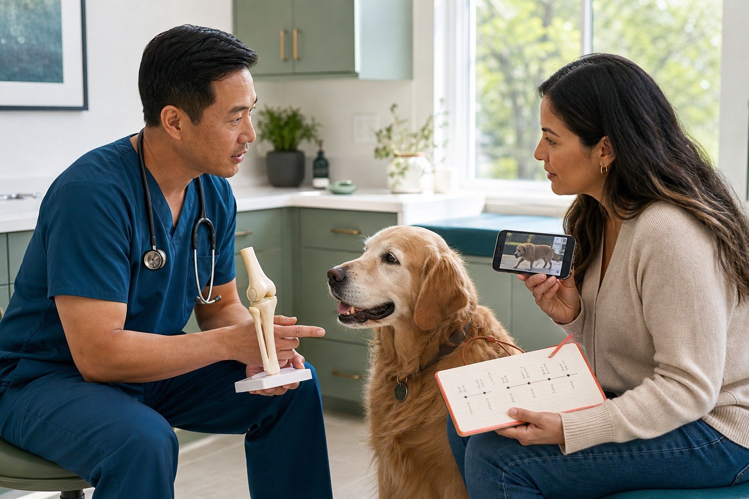 A veterinarian and owner discuss a senior dog's gait video, movement timeline, and a neutral knee model.