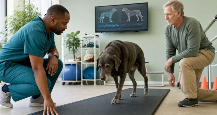 A veterinarian observes an older Labrador walking on a non-slip gait mat while the owner watches.