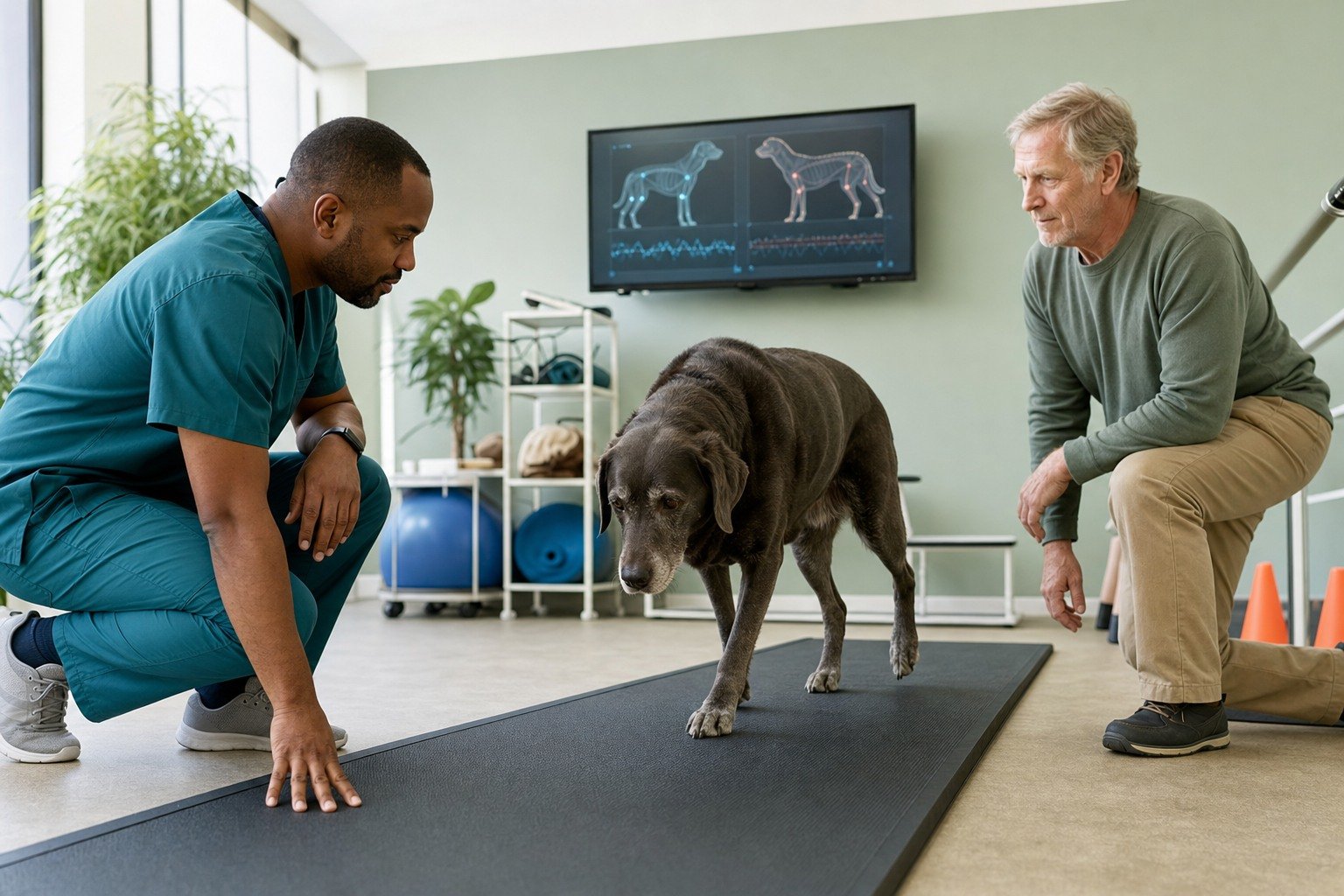 A veterinarian observes an older Labrador walking on a non-slip gait mat while the owner watches.