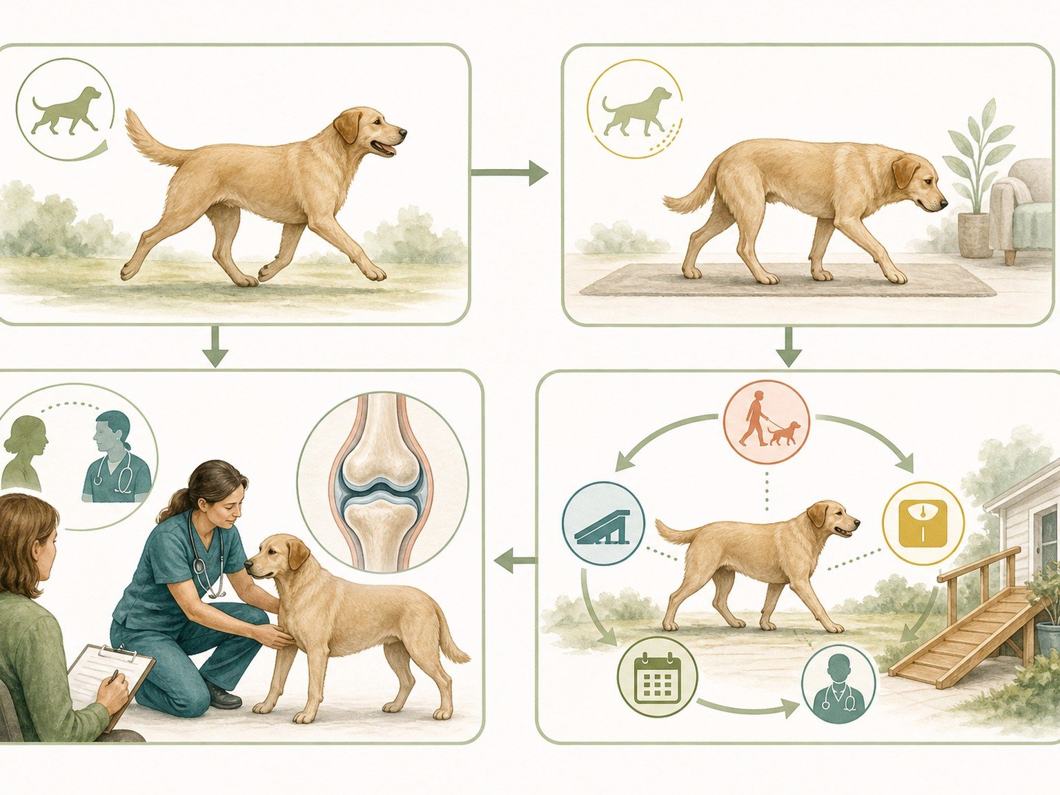 A text-free osteoarthritis pathway connects movement changes, veterinary assessment, joint structure, multimodal care, and reassessment.