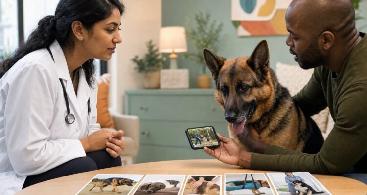 A veterinarian listens while a dog owner shares a home movement video beside a calm senior German shepherd.