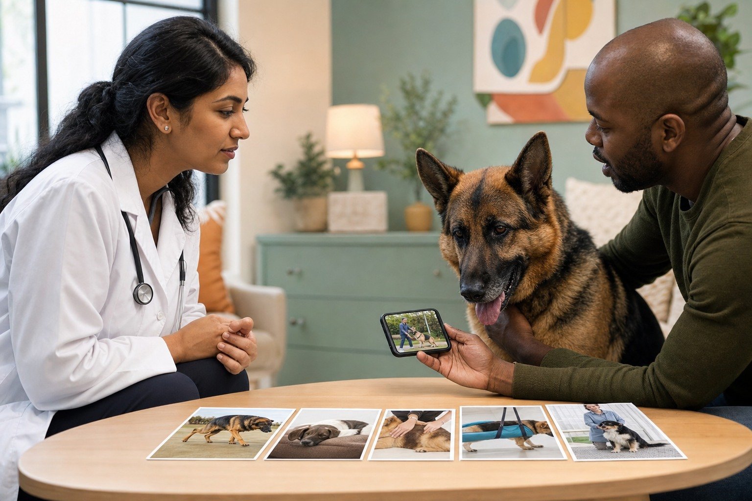 A veterinarian listens while a dog owner shares a home movement video beside a calm senior German shepherd.