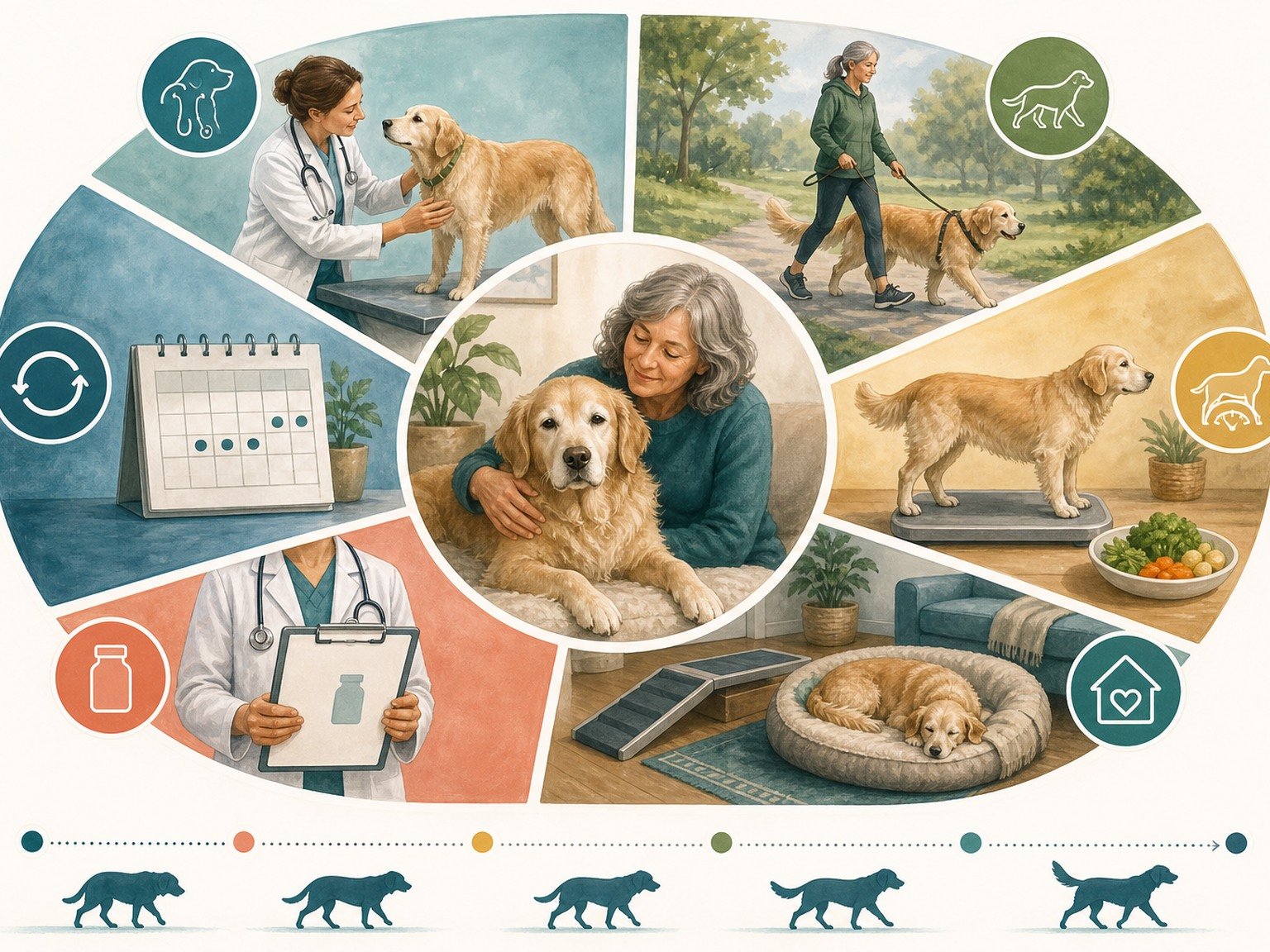 A text-free multimodal pain-management wheel connects examination, movement, body condition, home comfort, medication oversight, and reassessment.