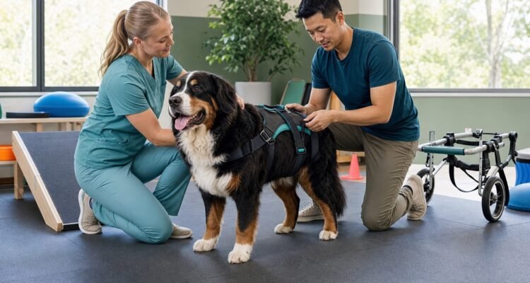 A canine rehabilitation veterinarian and owner check the fit of a padded rear-support harness on a senior Bernese mountain dog.
