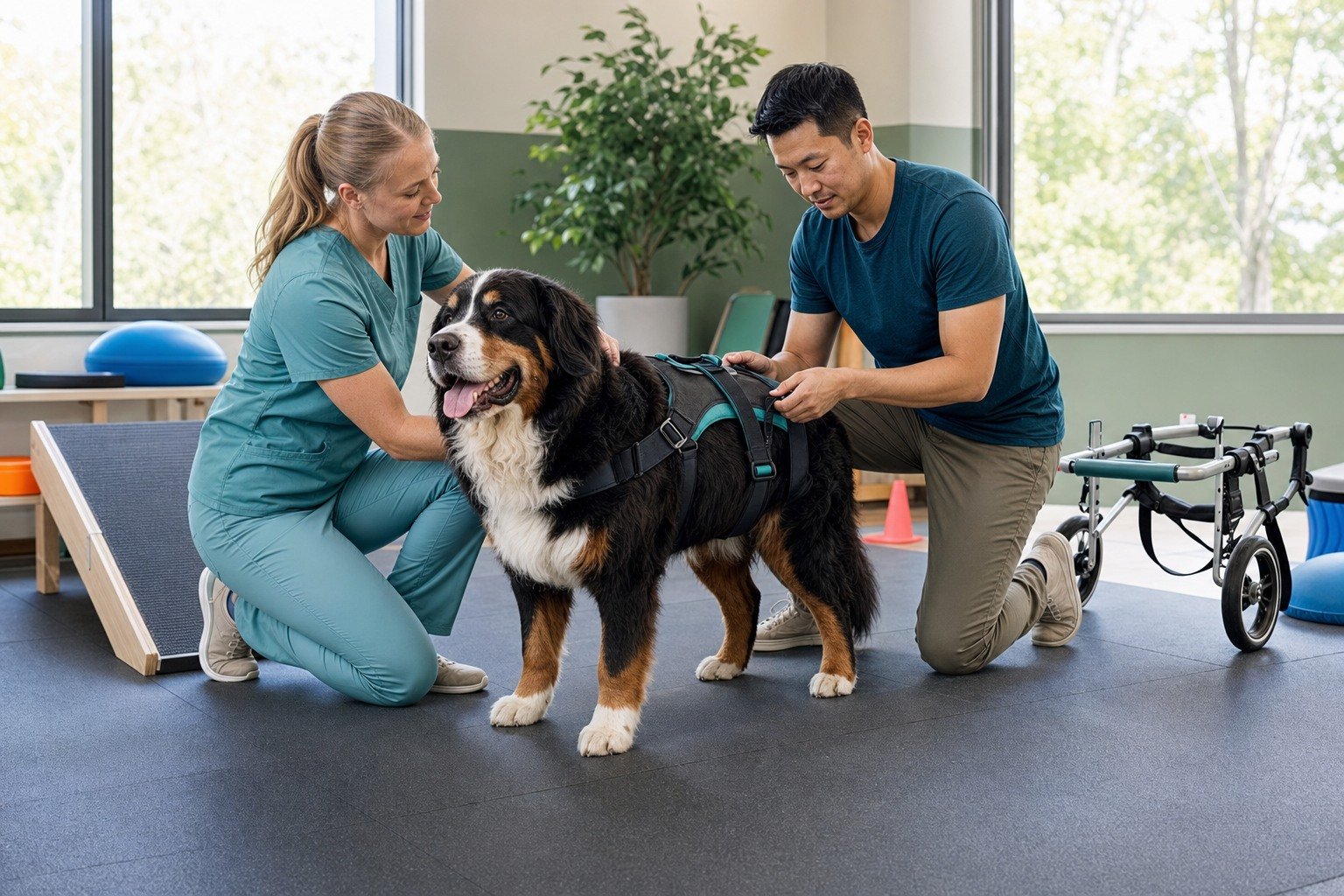 A canine rehabilitation veterinarian and owner check the fit of a padded rear-support harness on a senior Bernese mountain dog.