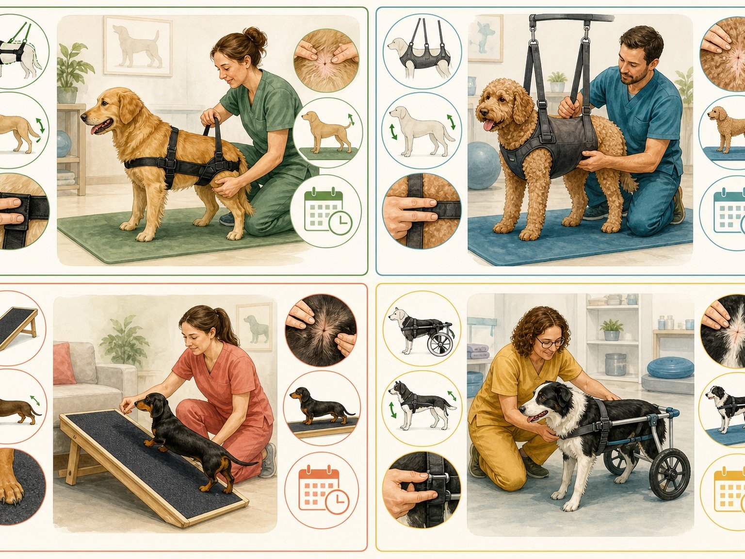 A text-free device fitting guide shows support harnesses, a traction ramp, a mobility cart, fit checks, and reassessment.