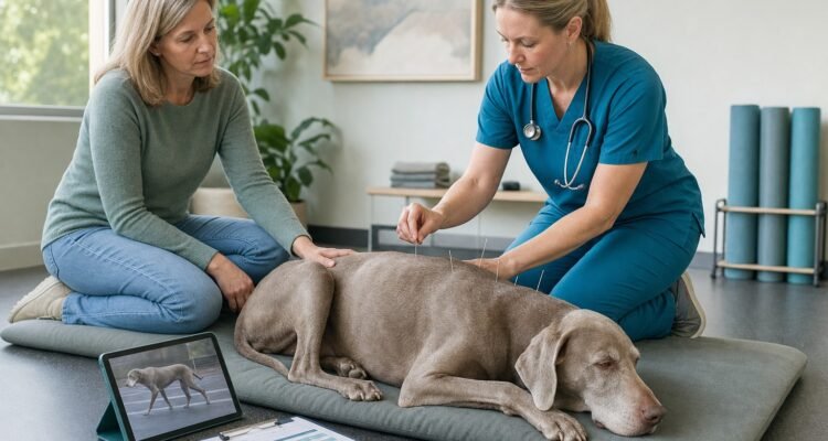 A veterinarian performs a monitored acupuncture session for a relaxed senior Weimaraner while the owner observes.