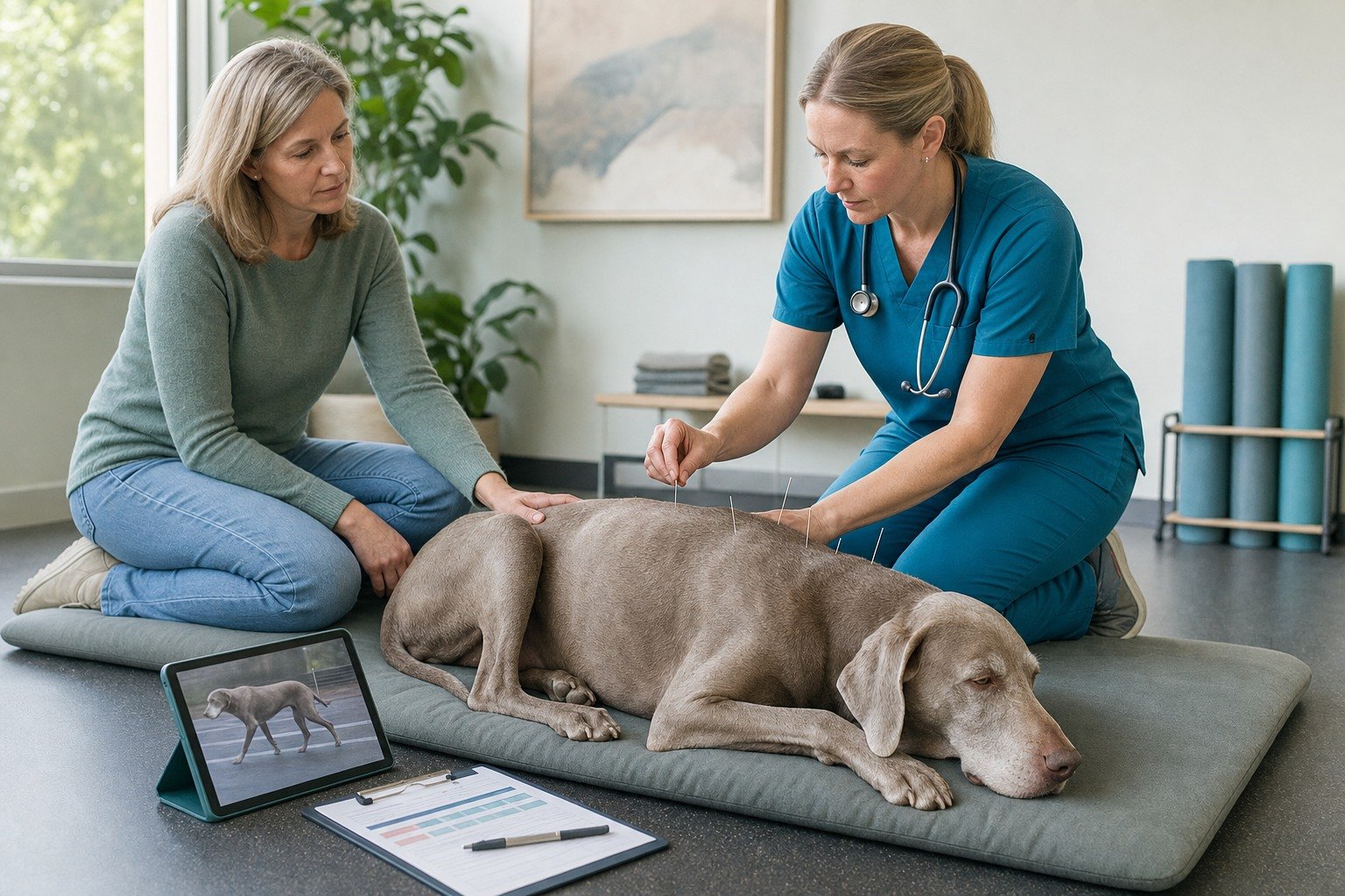 A veterinarian performs a monitored acupuncture session for a relaxed senior Weimaraner while the owner observes.