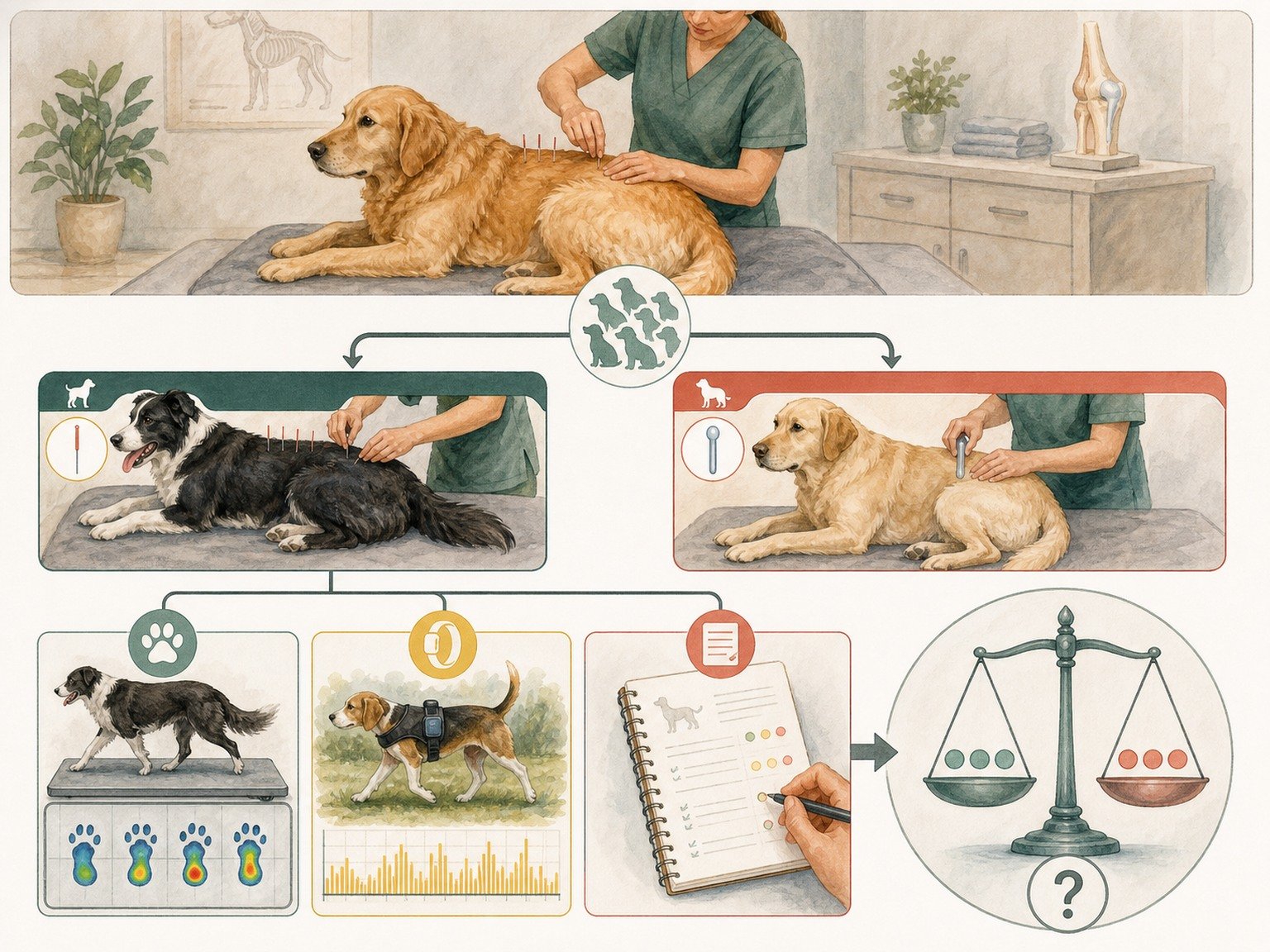 A text-free evidence map compares acupuncture and sham groups with force-plate, activity, owner-score, and uncertainty measures.