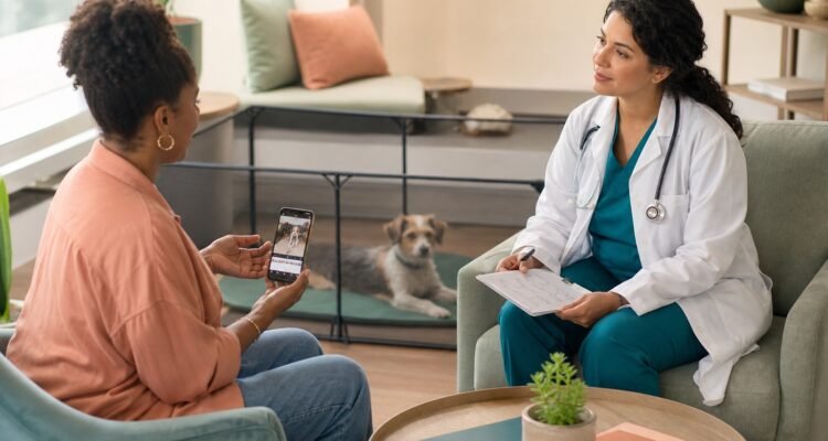 A veterinarian listens while an owner shares a home behavior video and a cautious dog rests behind a visual barrier.