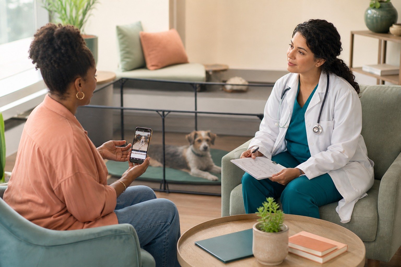 A veterinarian listens while an owner shares a home behavior video and a cautious dog rests behind a visual barrier.