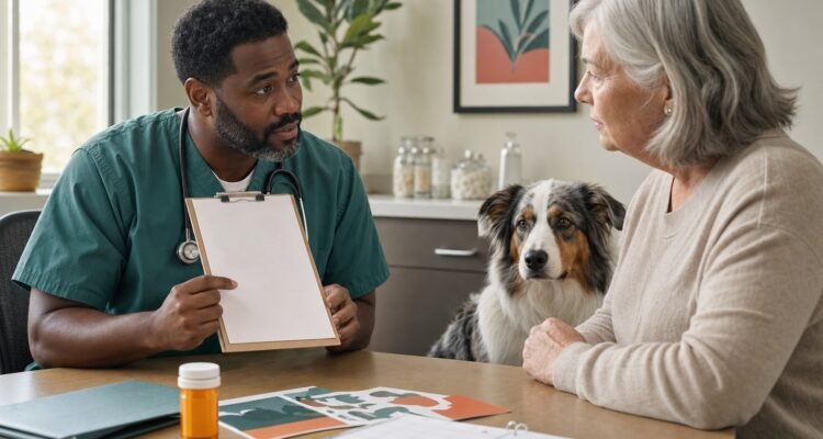 A veterinarian reviews a blank medication safety checklist with a dog owner beside a calm Australian shepherd.