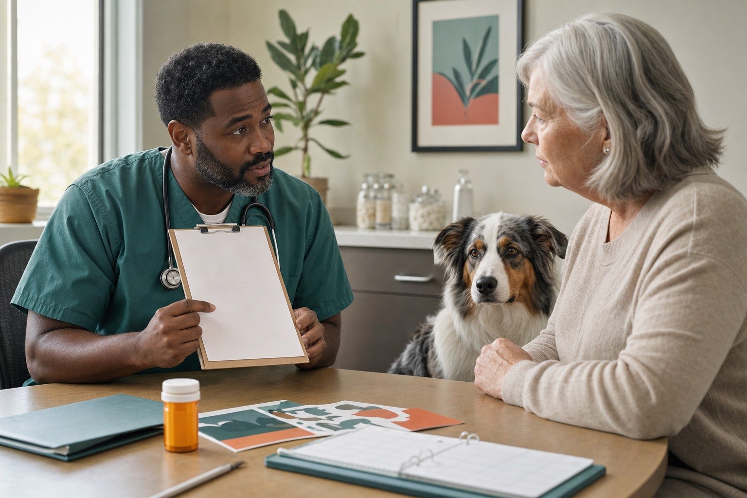 A veterinarian reviews a blank medication safety checklist with a dog owner beside a calm Australian shepherd.