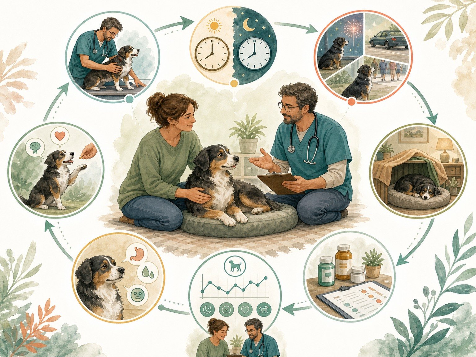 A text-free integrated anxiety-care wheel connects assessment, timing, triggers, environment, medication review, monitoring, and follow-up.