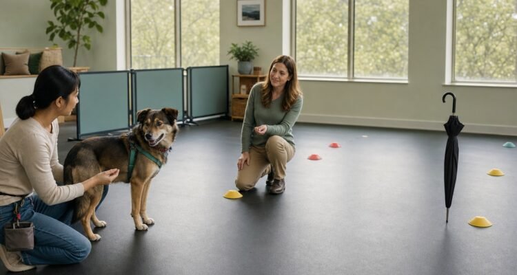 A behavior professional coaches an owner and relaxed dog working at a safe distance from a closed umbrella.