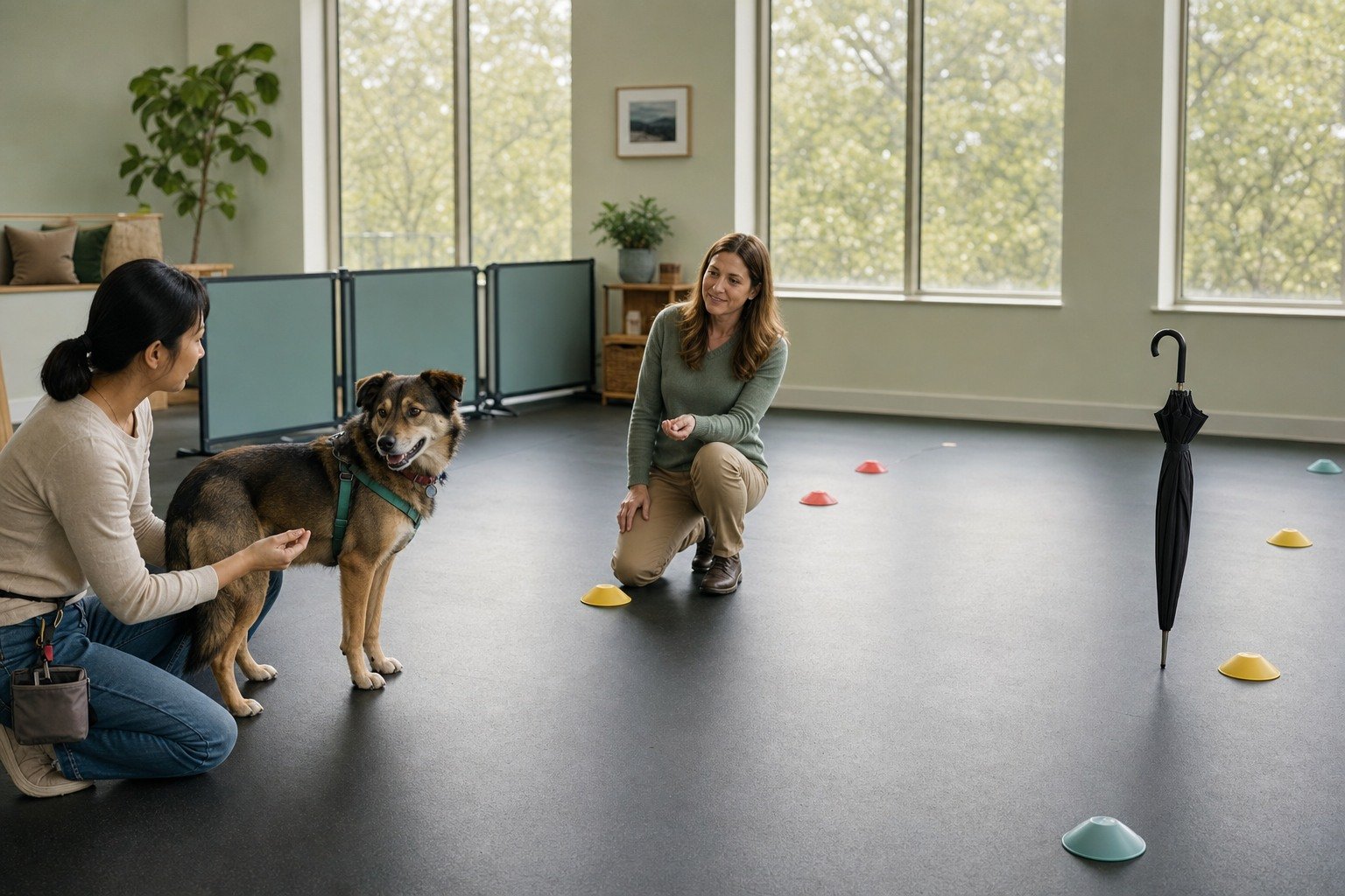 A behavior professional coaches an owner and relaxed dog working at a safe distance from a closed umbrella.