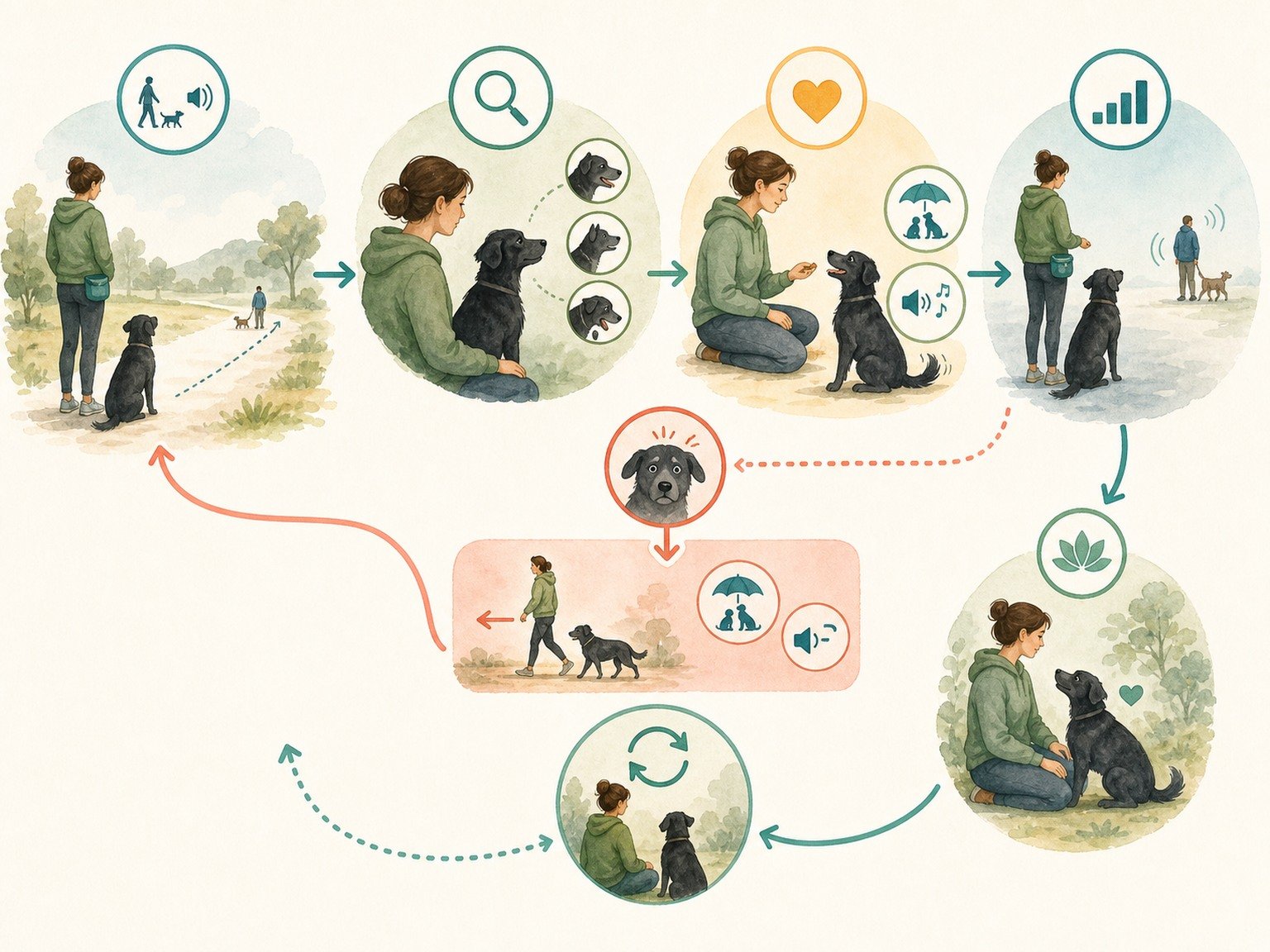 A text-free behavior-learning loop shows low-intensity exposure, observation, positive pairing, gradual change, stress retreat, and recovery.