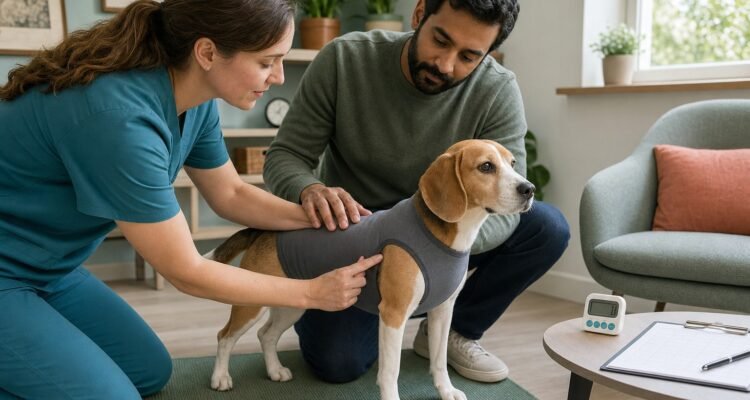A veterinary behavior professional and owner check the fit of a plain pressure garment on a calm Beagle.