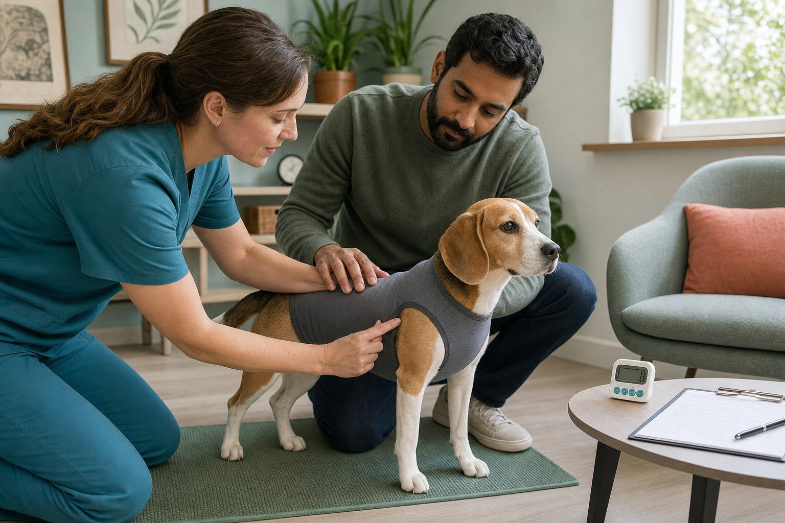 A veterinary behavior professional and owner check the fit of a plain pressure garment on a calm Beagle.