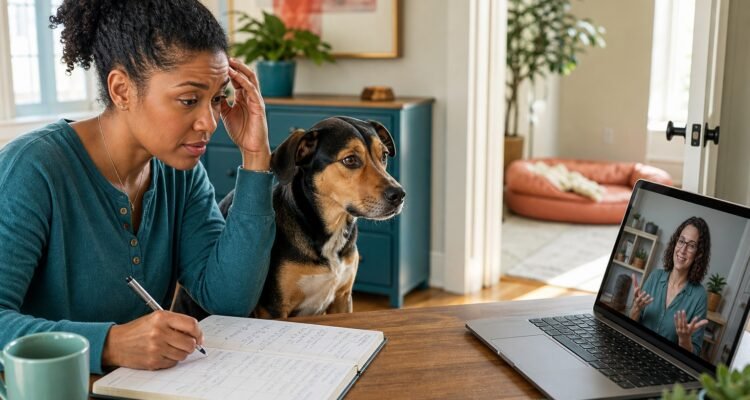 A dog owner records behavior patterns while her dog rests nearby and a veterinary behavior professional joins by video.