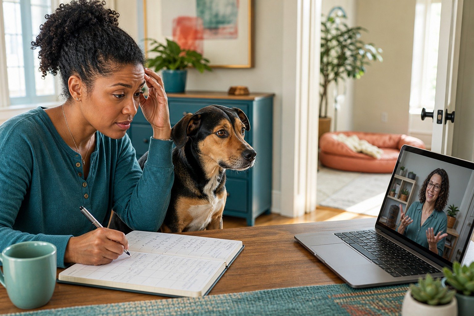 A dog owner records behavior patterns while her dog rests nearby and a veterinary behavior professional joins by video.