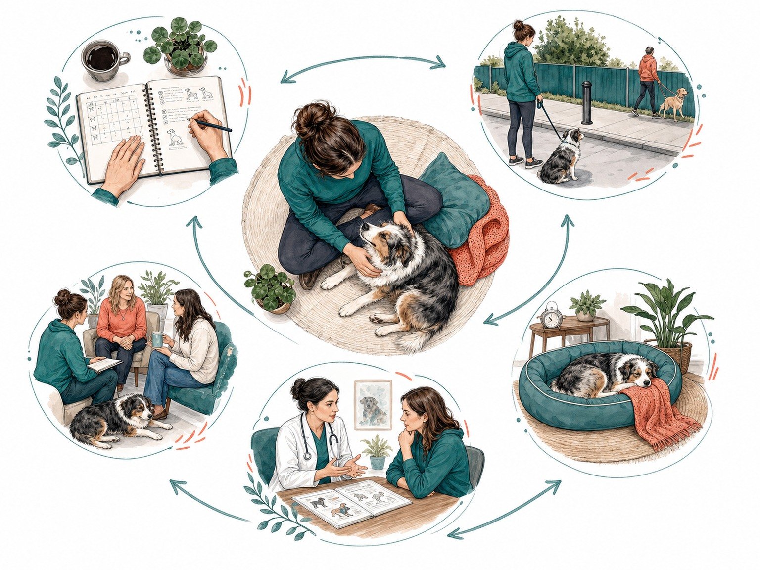 A text-free support map connects behavior logging, safe distance, rest, veterinary behavior care, and human support around an owner and dog.