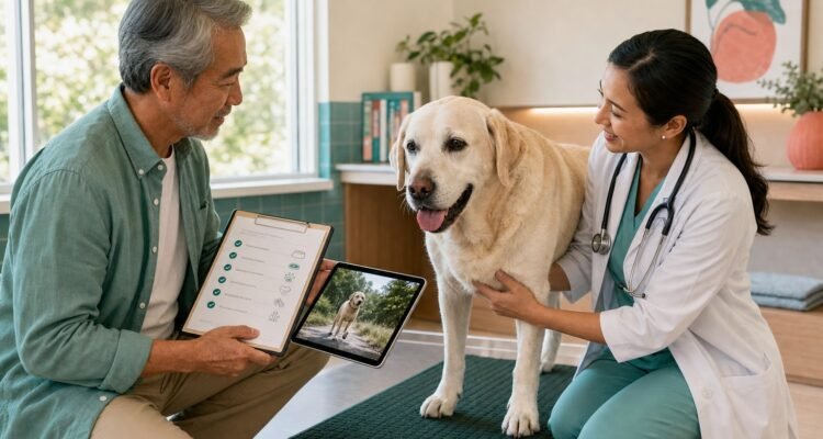 An owner shares a senior dog checklist and walking video while a veterinarian examines an older Labrador on a nonslip mat.