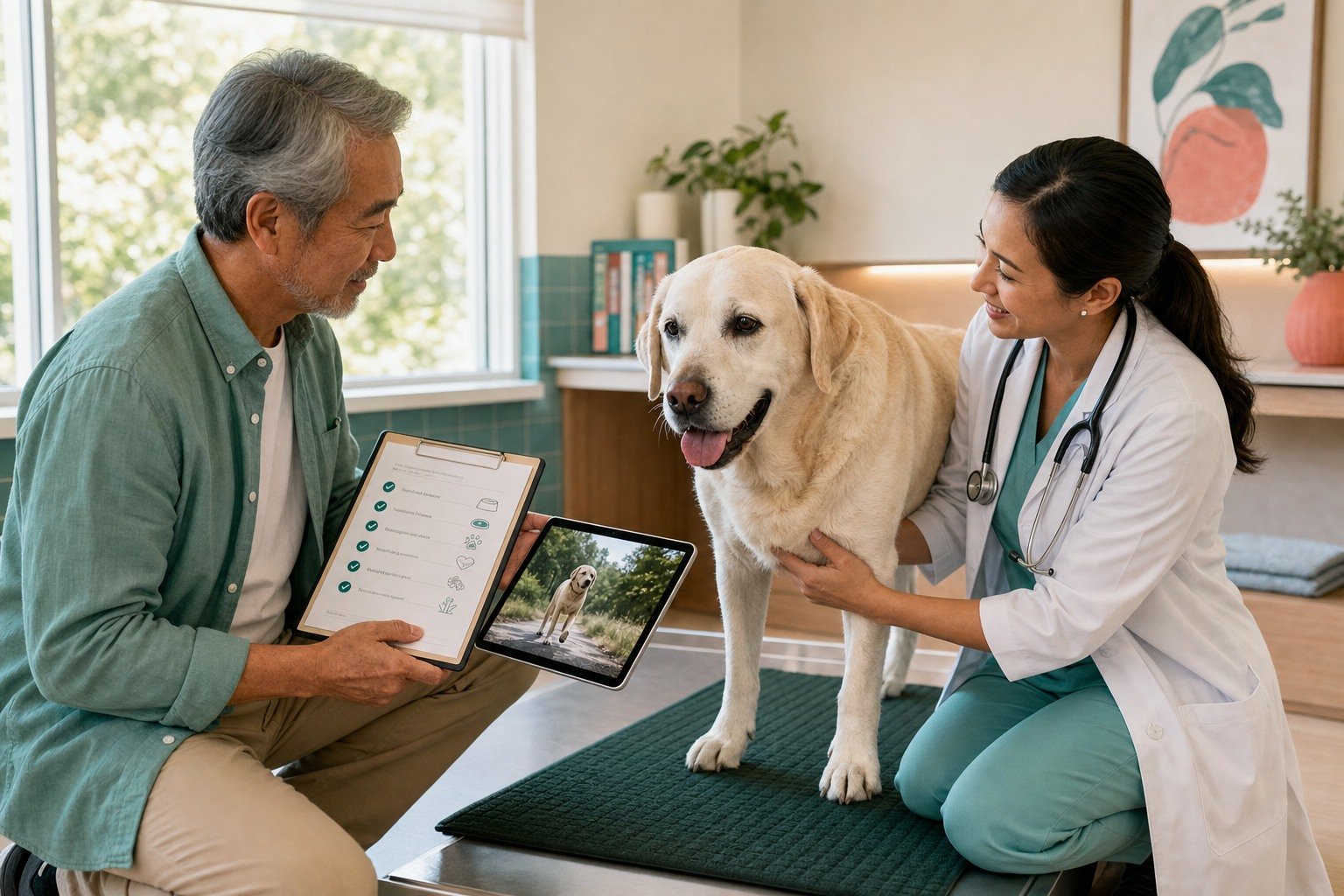 An owner shares a senior dog checklist and walking video while a veterinarian examines an older Labrador on a nonslip mat.