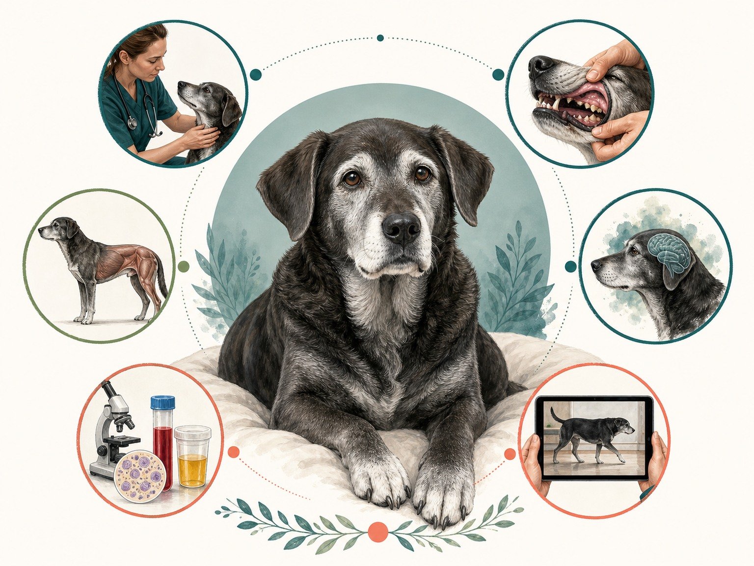 A text-free senior wellness map surrounds a grey-muzzled dog with physical, dental, muscle, cognitive, laboratory, and mobility checks.