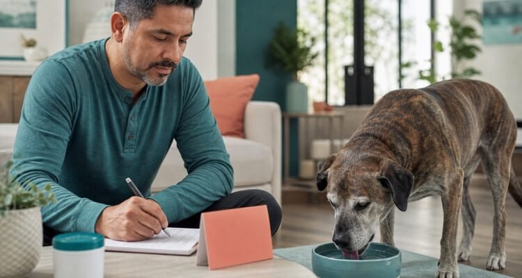 An owner records observations while a senior brindle dog drinks from a water bowl in a bright home.
