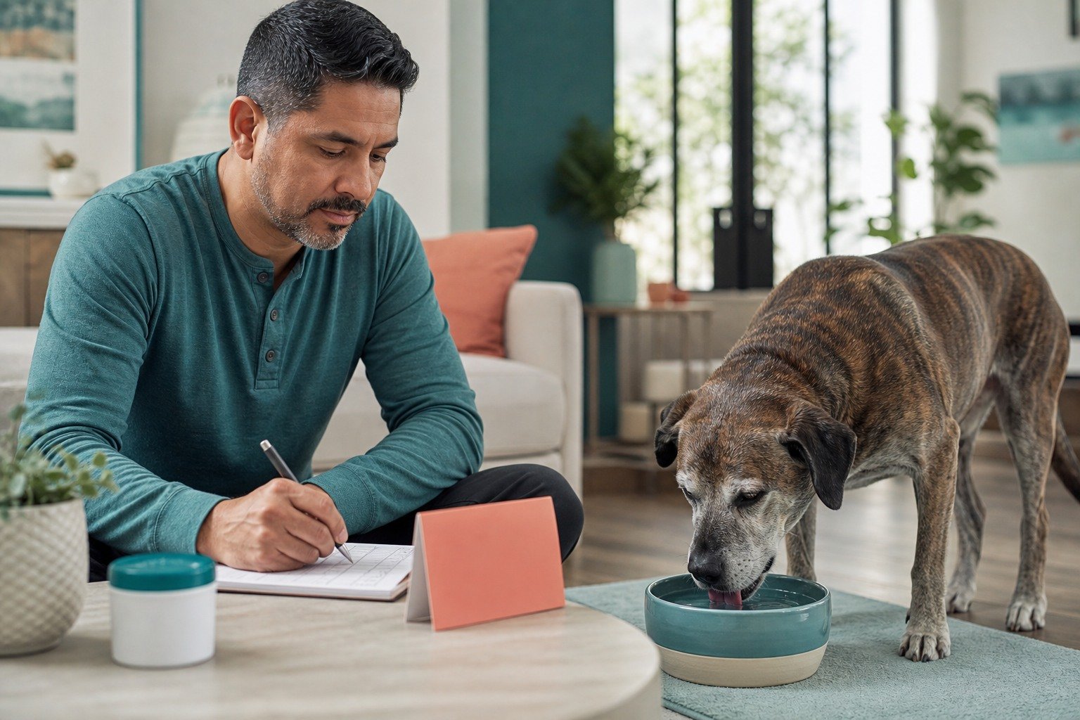 An owner records observations while a senior brindle dog drinks from a water bowl in a bright home.