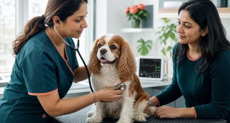 A veterinary cardiology professional listens to an older small dog's heart while the owner provides gentle support.
