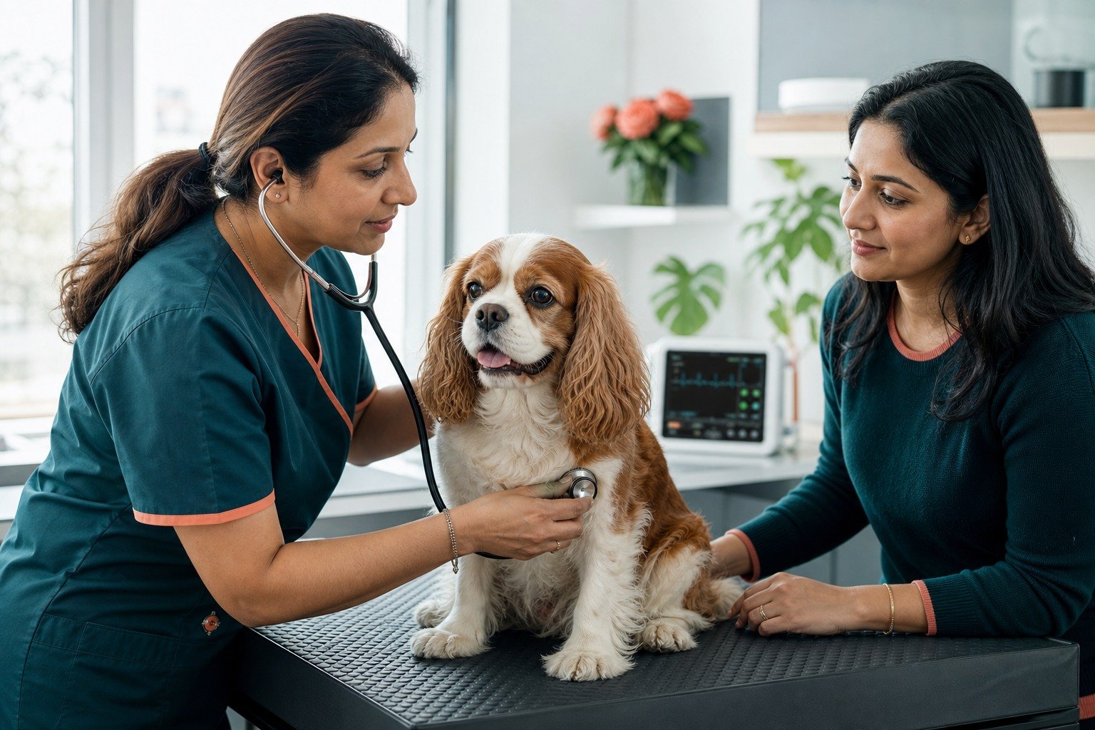 A veterinary cardiology professional listens to an older small dog's heart while the owner provides gentle support.