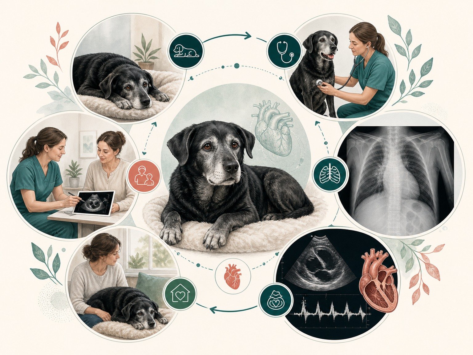 A text-free senior dog cardiac pathway shows rest observation, examination, chest imaging, echocardiography, and follow-up.