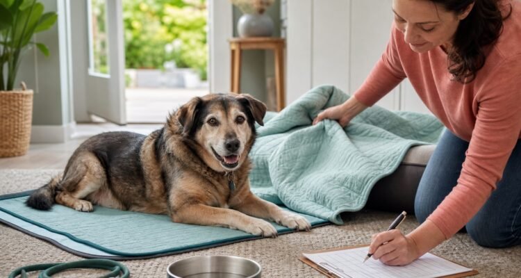 An owner records urinary accidents while preparing clean washable bedding for a comfortable senior dog.