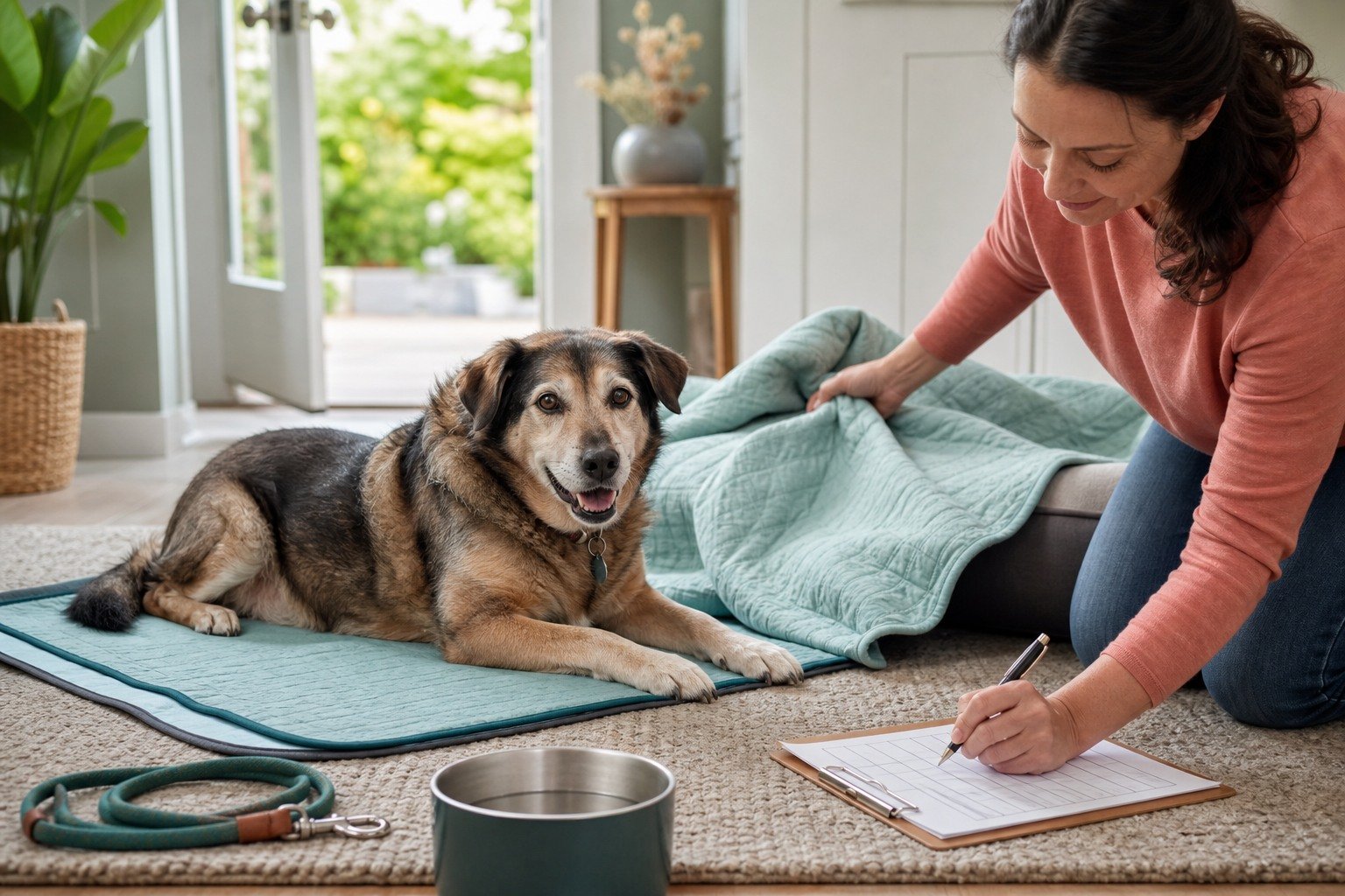 An owner records urinary accidents while preparing clean washable bedding for a comfortable senior dog.