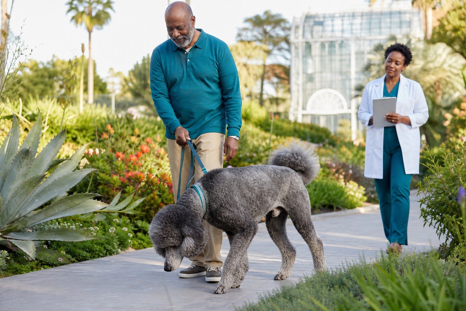 A senior poodle takes a comfortable sniff walk with his owner while a veterinarian observes mobility and wellbeing.