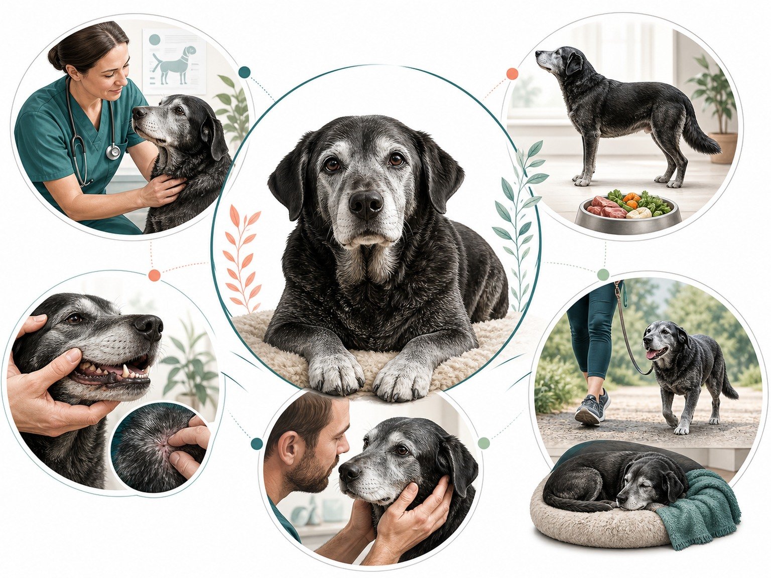 A text-free senior dog care map connects veterinary exams, vaccination, balanced nutrition, dental and skin health, movement, rest, and infection evaluation.